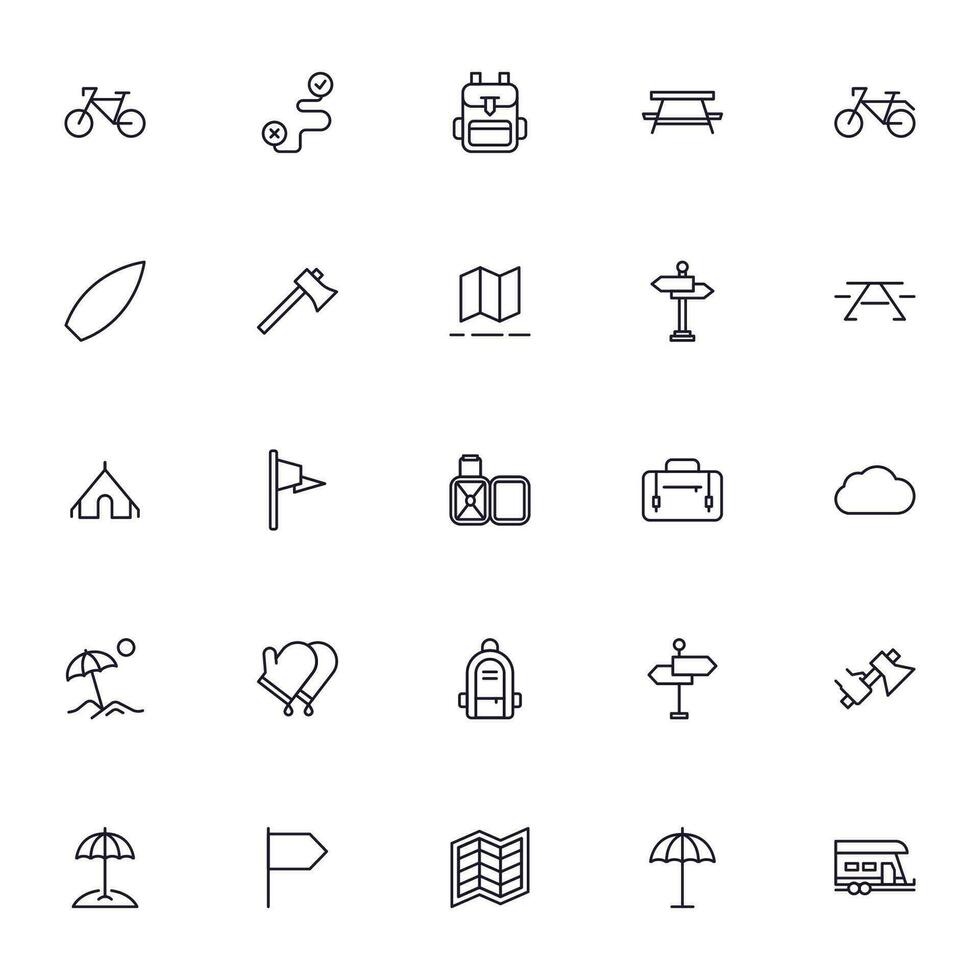 Travel icon set. Collection of outdoor activity sign for web design, UI design, mobile app, etc. Relax outline icon. Camping black pictogram on white background. vector
