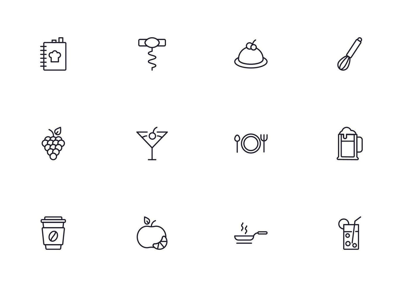 Food line icon set. Collection of outline sign for web design, mobile app, etc. Black line icon of fruit, vegetables, meat, candy, cake. vector