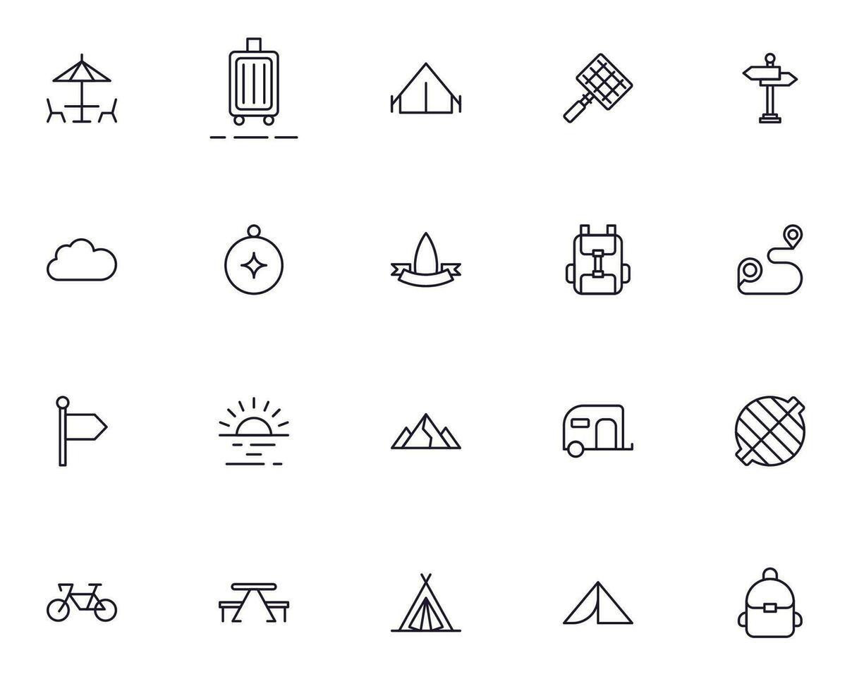 Travel icon set. Collection of outdoor activity sign for web design, UI design, mobile app, etc. Relax outline icon. Camping black pictogram on white background. vector