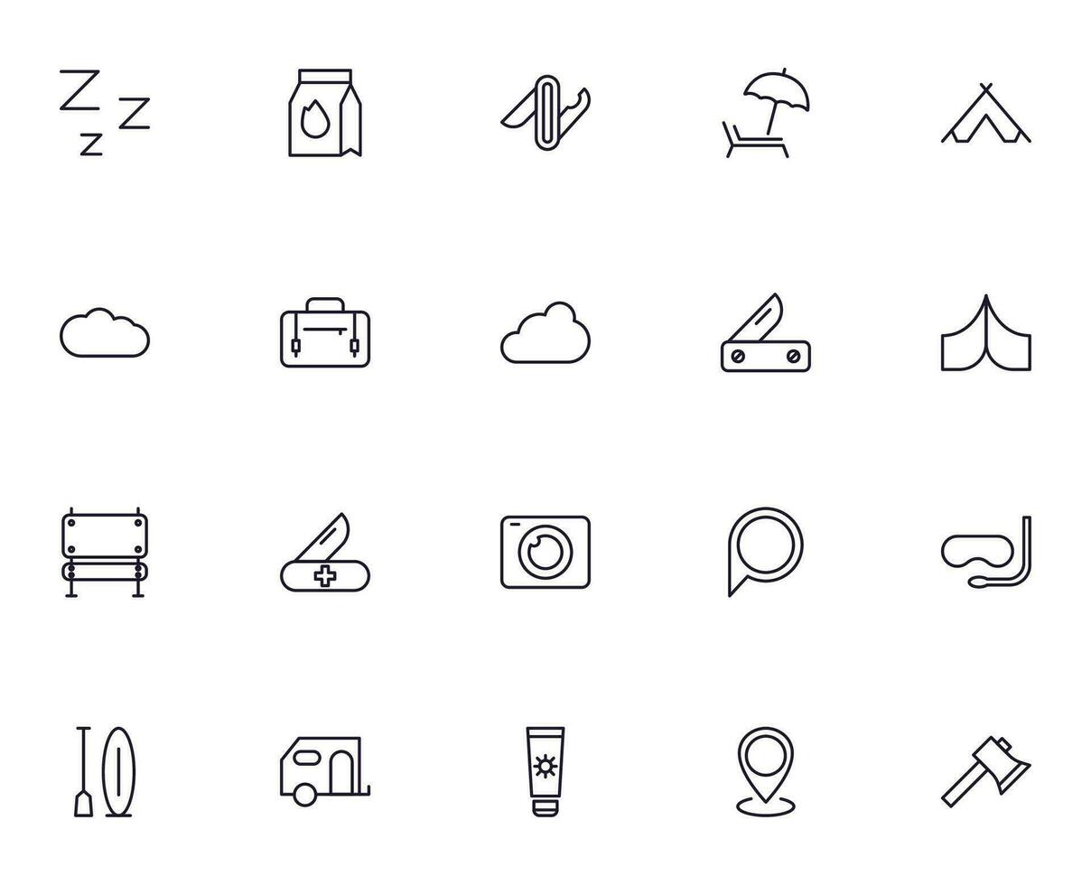Travel icon set. Collection of outdoor activity sign for web design, UI design, mobile app, etc. Relax outline icon. Camping black pictogram on white background. vector