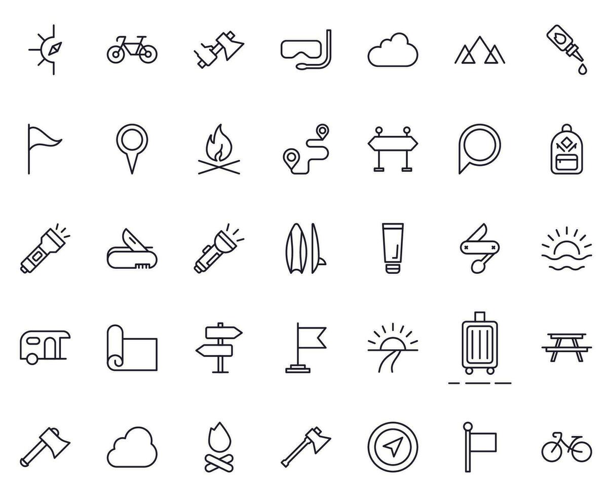 Travel icon set. Collection of outdoor activity sign for web design, UI design, mobile app, etc. Relax outline icon. Camping black pictogram on white background. vector