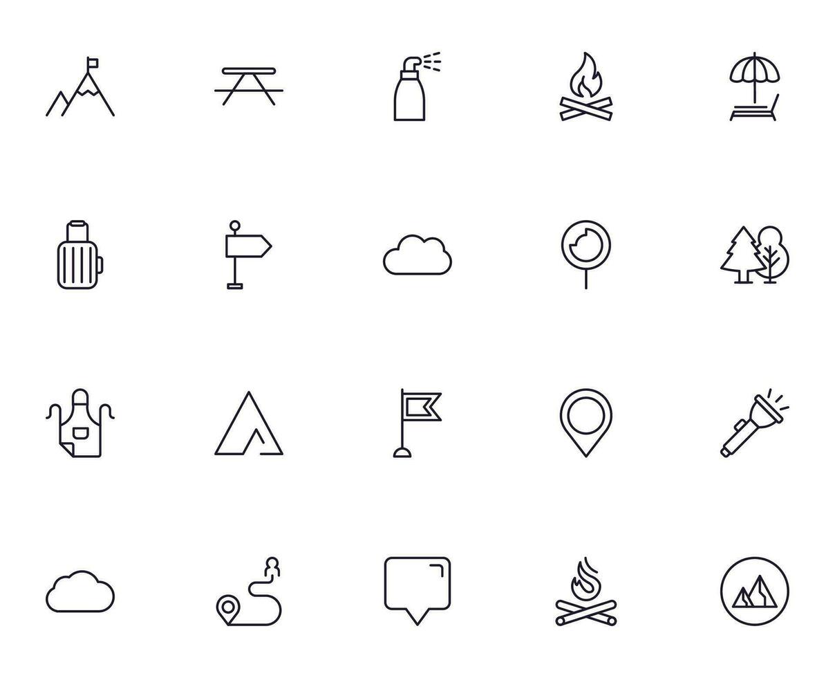 Travel icon set. Collection of outdoor activity sign for web design, UI design, mobile app, etc. Relax outline icon. Camping black pictogram on white background. vector