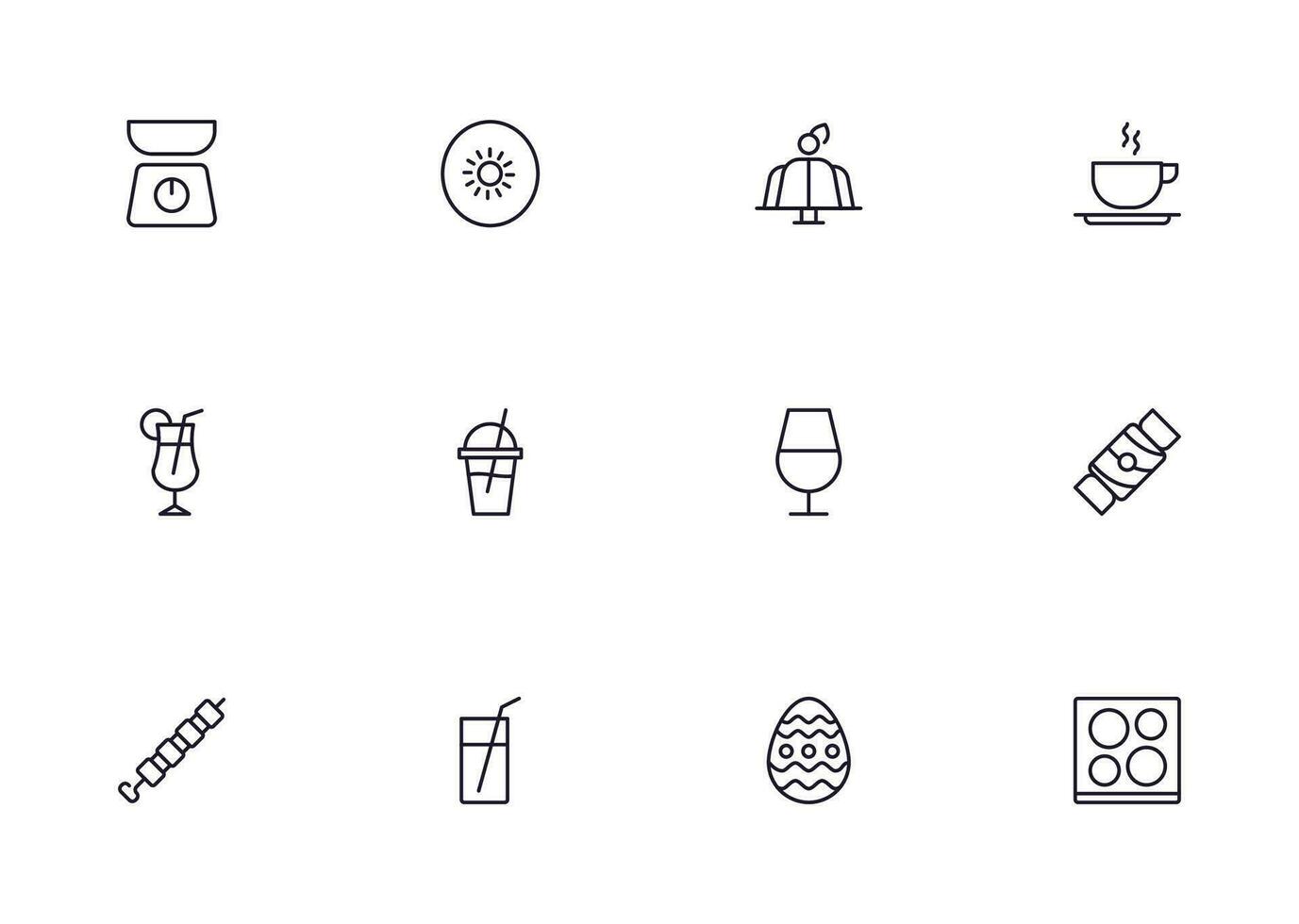 Food line icon set. Collection of outline sign for web design, mobile app, etc. Black line icon of fruit, vegetables, meat, candy, cake. vector