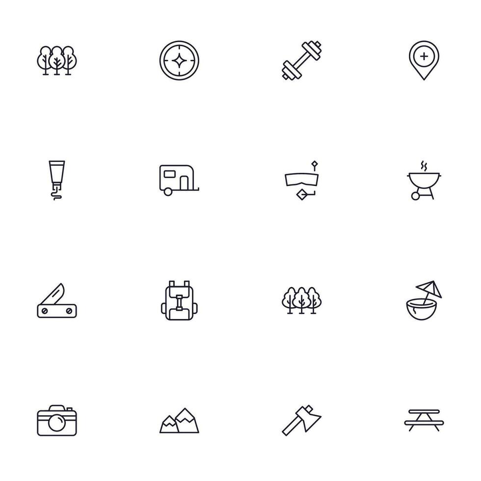 Travel icon set. Collection of outdoor activity sign for web design, UI design, mobile app, etc. Relax outline icon. Camping black pictogram on white background. vector