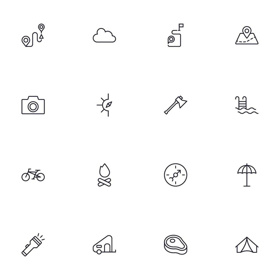 Travel icon set. Collection of outdoor activity sign for web design, UI design, mobile app, etc. Relax outline icon. Camping black pictogram on white background. vector