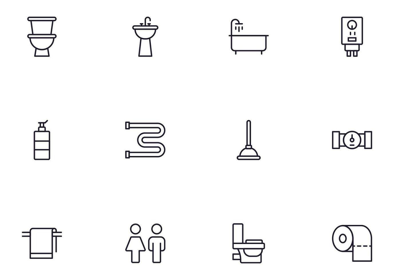 Bathroom concept. Bathroom line icon set. Collection of vector signs in trendy flat style for web sites, internet shops and stores, books and flyers. Premium quality icons isolated on white background