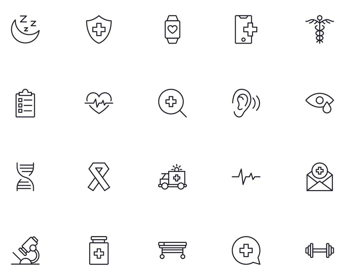 Healthcare concept. Vector sign drawn in line style for web sites, UI, apps, shops, stores, adverts. Line icon set of various items related to healthcare, medicine, healthy lifestyle