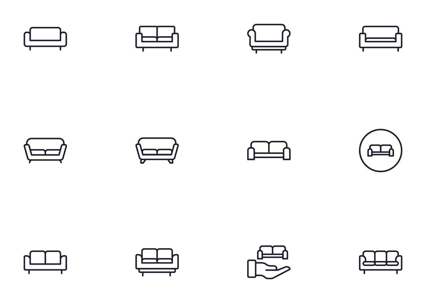 Sofa concept. Sofa line icon set. Collection of vector signs in trendy flat style for web sites, internet shops and stores, books and flyers. Premium quality icons isolated on white background