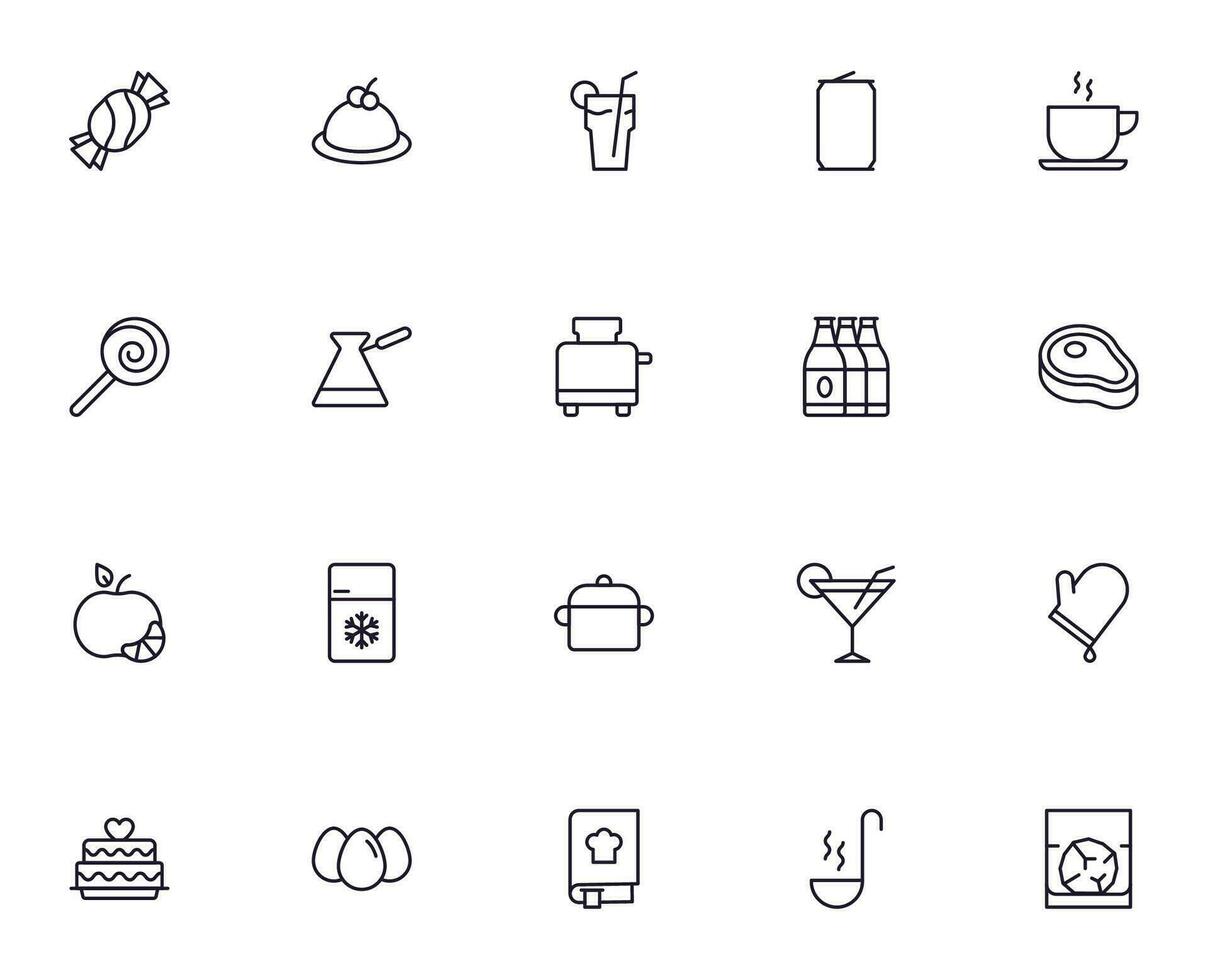 Food line icon set. Collection of outline sign for web design, mobile app, etc. Black line icon of fruit, vegetables, meat, candy, cake. vector