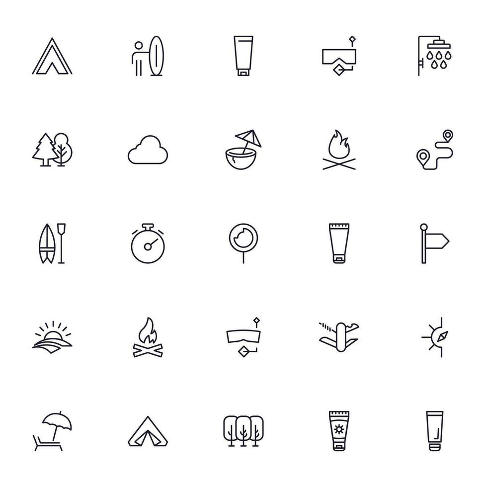 Travel icon set. Collection of outdoor activity sign for web design, UI design, mobile app, etc. Relax outline icon. Camping black pictogram on white background. vector