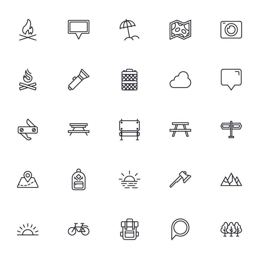 Travel icon set. Collection of outdoor activity sign for web design, UI design, mobile app, etc. Relax outline icon. Camping black pictogram on white background. vector