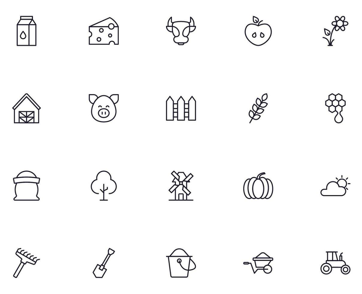 Farm and agriculture line icon set. Vector outline pictograms in line style. Editable stroke for UI and adverts. Symbols of milk, cheese, grain, shovel etc