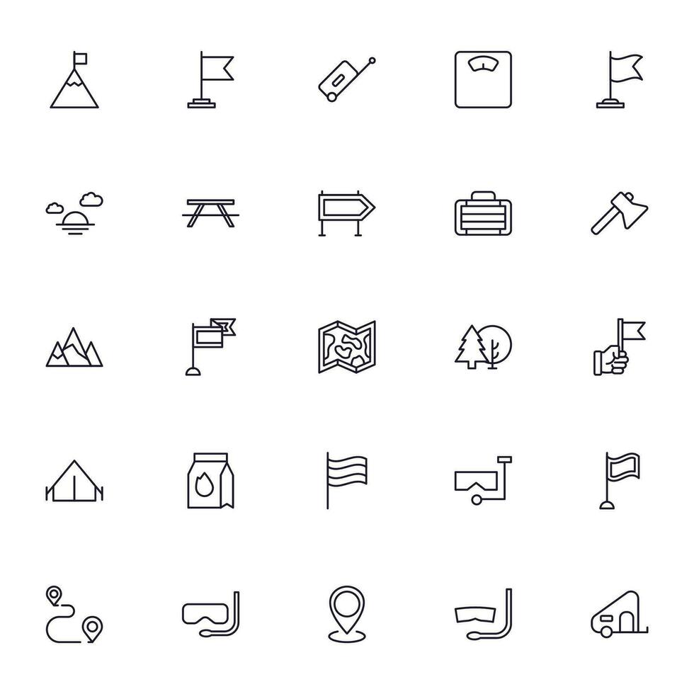 Travel icon set. Collection of outdoor activity sign for web design, UI design, mobile app, etc. Relax outline icon. Camping black pictogram on white background. vector