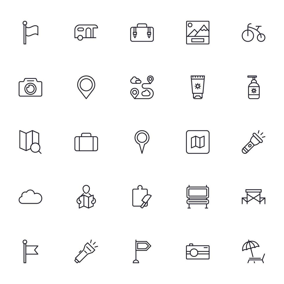 Travel icon set. Collection of outdoor activity sign for web design, UI design, mobile app, etc. Relax outline icon. Camping black pictogram on white background. vector