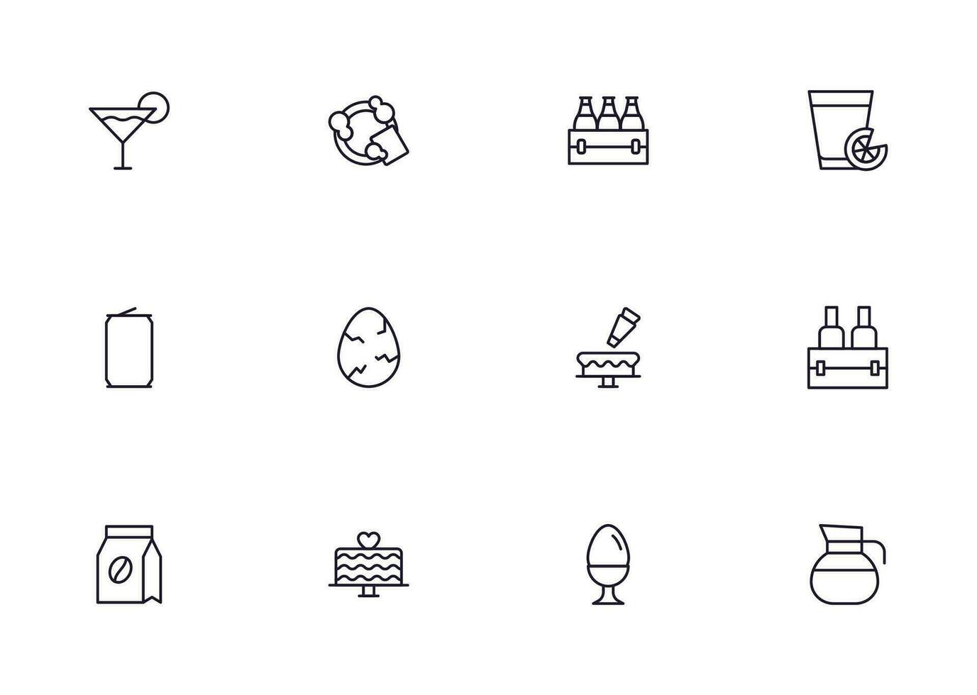 Food line icon set. Collection of outline sign for web design, mobile app, etc. Black line icon of fruit, vegetables, meat, candy, cake. vector