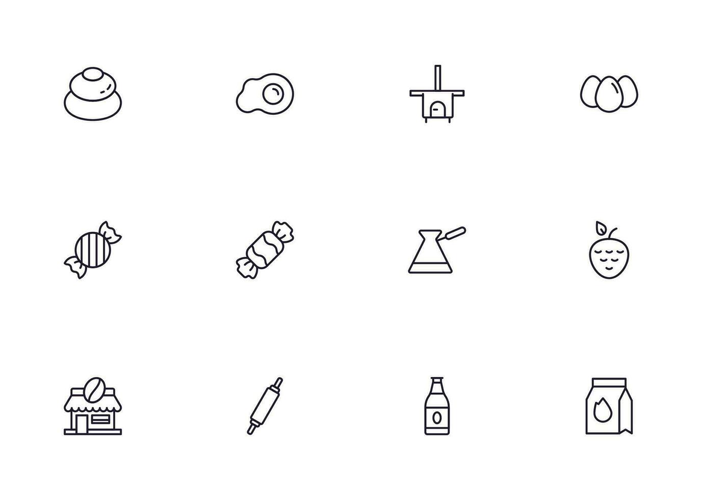 Food line icon set. Collection of outline sign for web design, mobile app, etc. Black line icon of fruit, vegetables, meat, candy, cake. vector