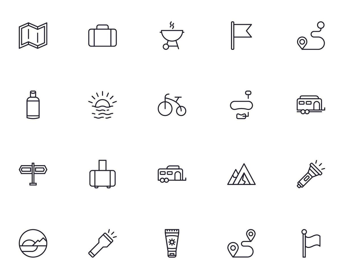 Travel icon set. Collection of outdoor activity sign for web design, UI design, mobile app, etc. Relax outline icon. Camping black pictogram on white background. vector