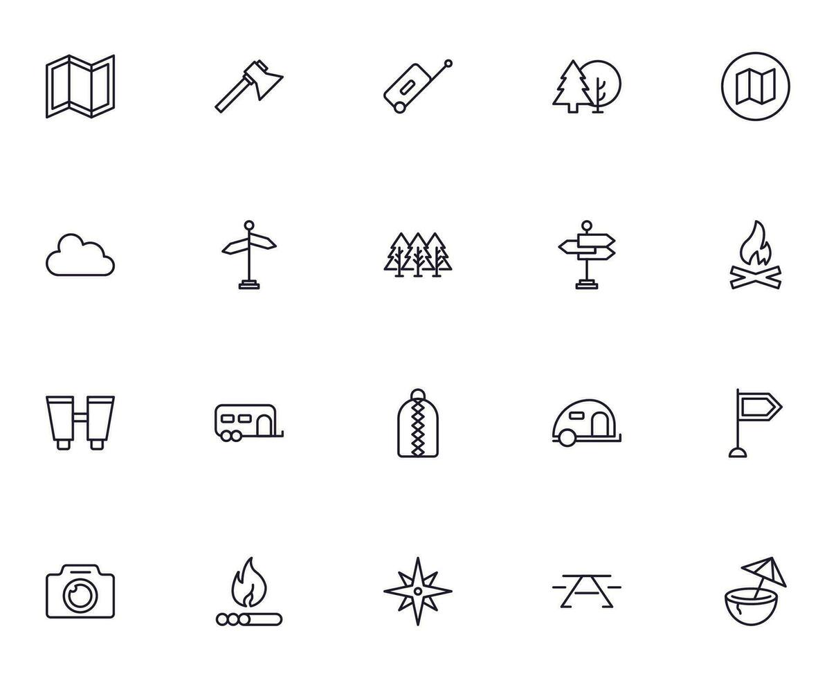 Travel icon set. Collection of outdoor activity sign for web design, UI design, mobile app, etc. Relax outline icon. Camping black pictogram on white background. vector