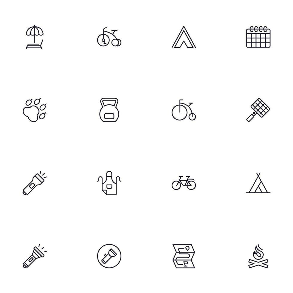 Travel icon set. Collection of outdoor activity sign for web design, UI design, mobile app, etc. Relax outline icon. Camping black pictogram on white background. vector