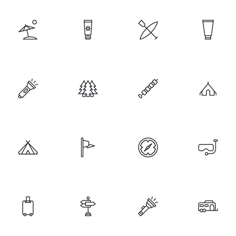 Travel icon set. Collection of outdoor activity sign for web design, UI design, mobile app, etc. Relax outline icon. Camping black pictogram on white background. vector