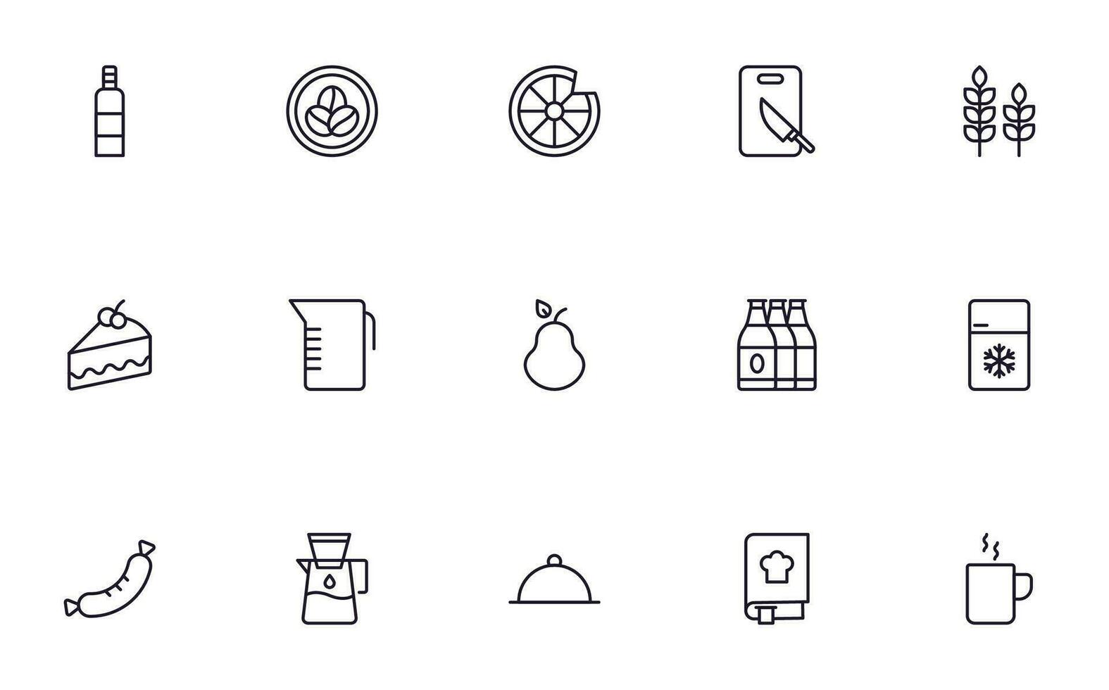 Food line icon set. Collection of outline sign for web design, mobile app, etc. Black line icon of fruit, vegetables, meat, candy, cake. vector