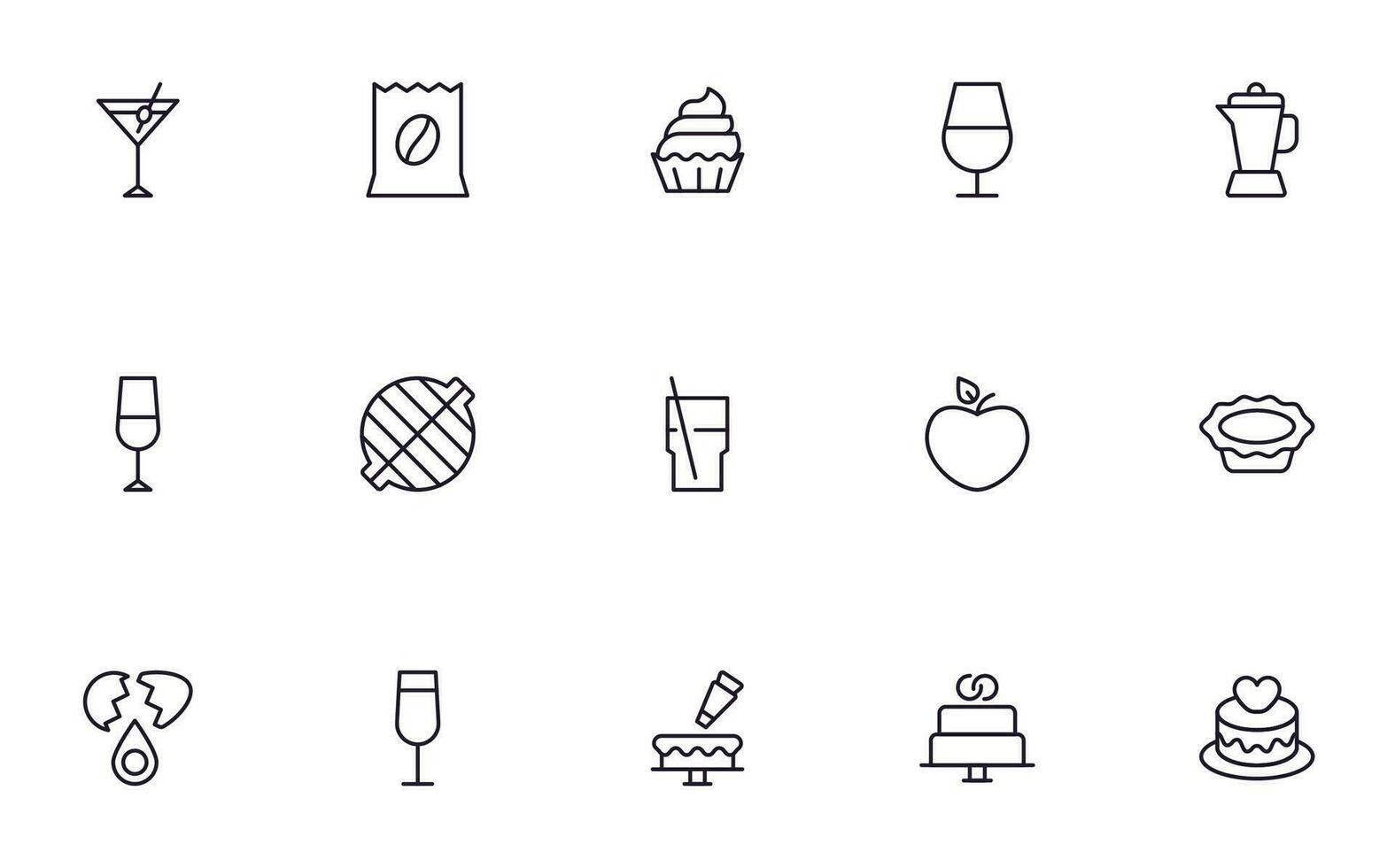 Food line icon set. Collection of outline sign for web design, mobile app, etc. Black line icon of fruit, vegetables, meat, candy, cake. vector