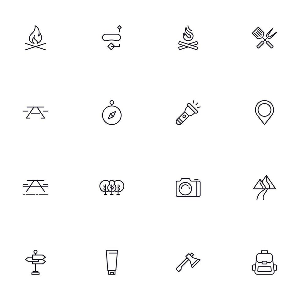 Travel icon set. Collection of outdoor activity sign for web design, UI design, mobile app, etc. Relax outline icon. Camping black pictogram on white background. vector