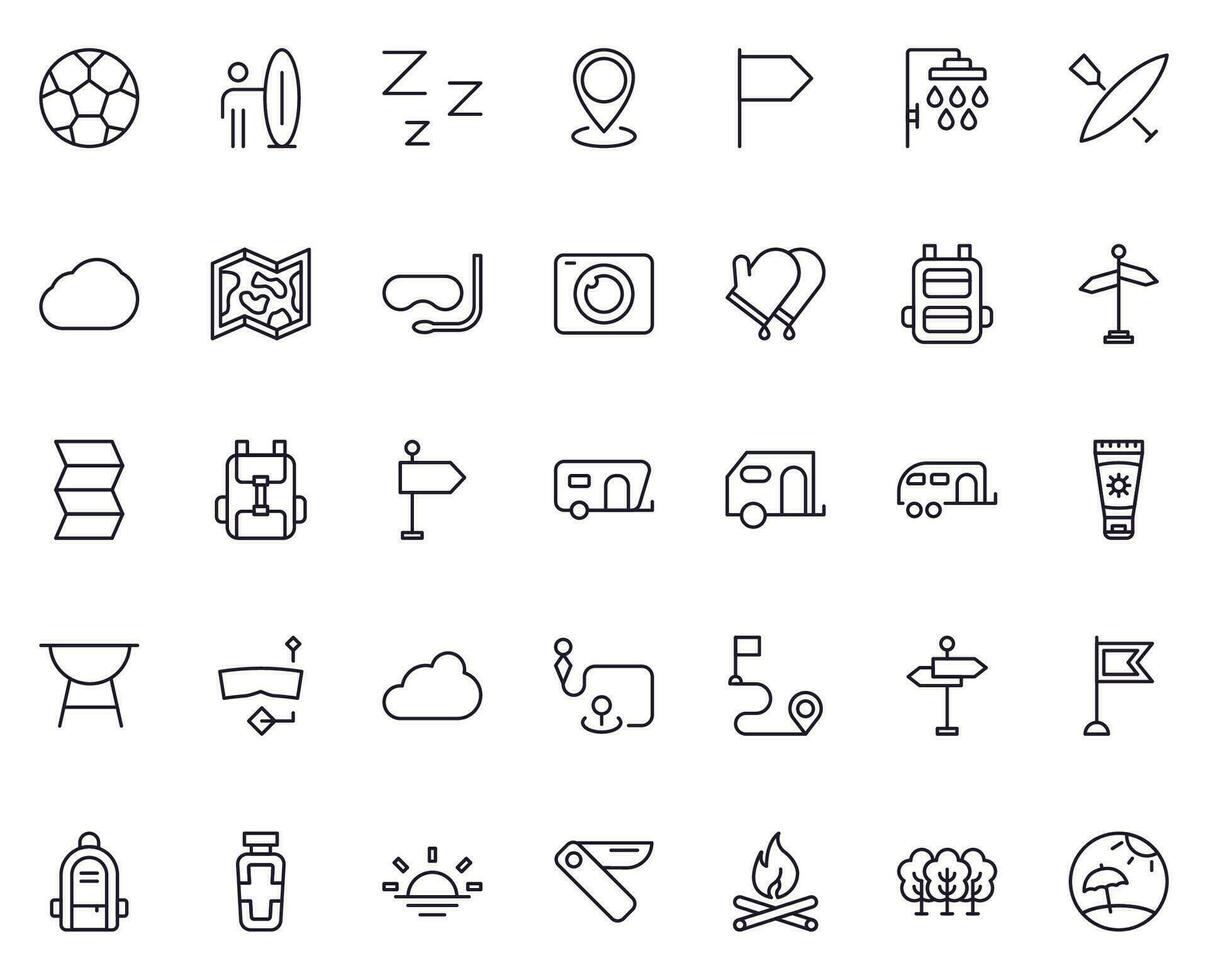 Travel icon set. Collection of outdoor activity sign for web design, UI design, mobile app, etc. Relax outline icon. Camping black pictogram on white background. vector
