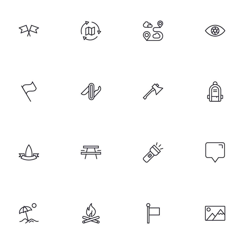 Travel icon set. Collection of outdoor activity sign for web design, UI design, mobile app, etc. Relax outline icon. Camping black pictogram on white background. vector
