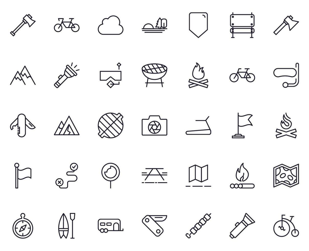 Travel icon set. Collection of outdoor activity sign for web design, UI design, mobile app, etc. Relax outline icon. Camping black pictogram on white background. vector