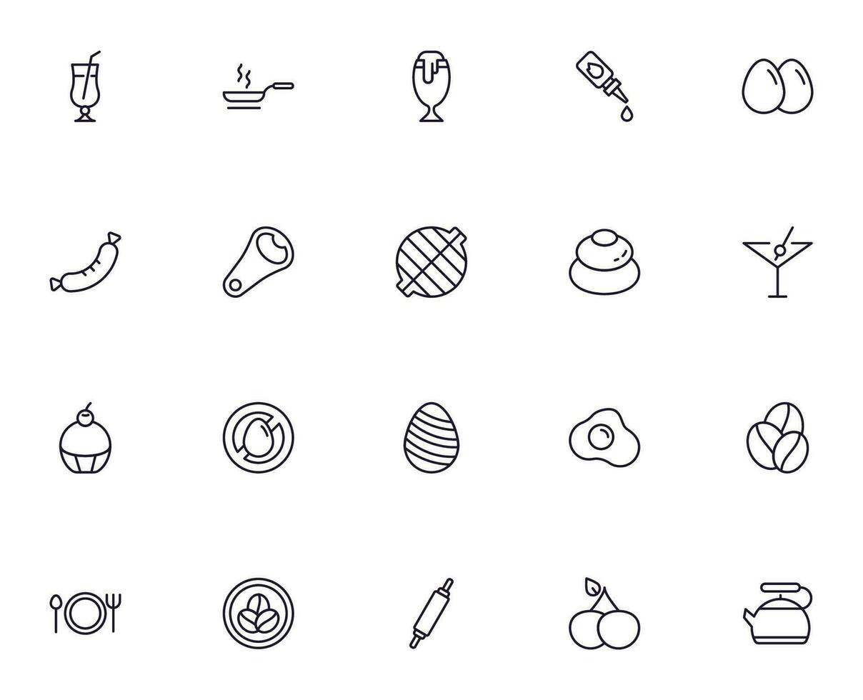 Food line icon set. Collection of outline sign for web design, mobile app, etc. Black line icon of fruit, vegetables, meat, candy, cake. vector