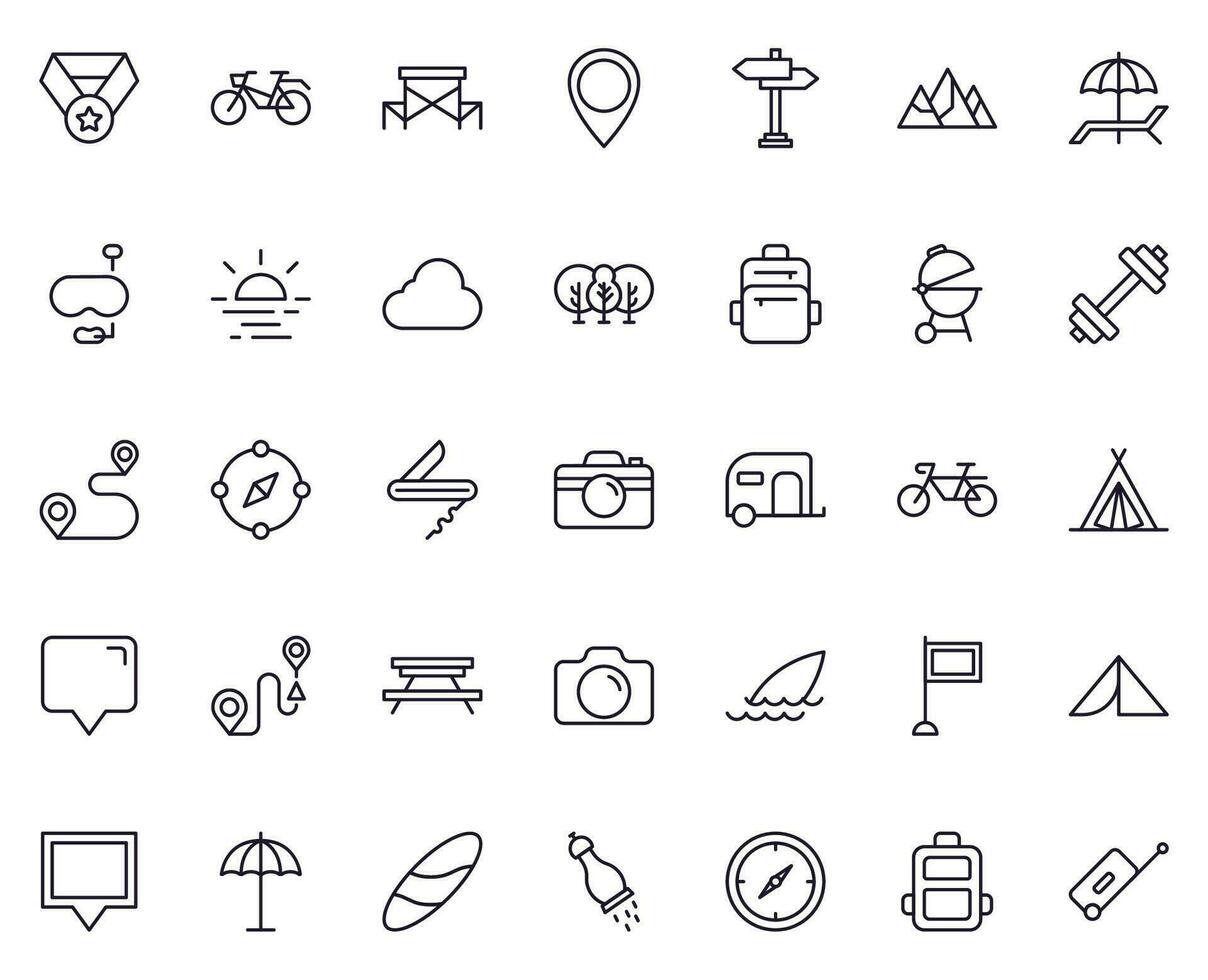 Travel icon set. Collection of outdoor activity sign for web design, UI design, mobile app, etc. Relax outline icon. Camping black pictogram on white background. vector