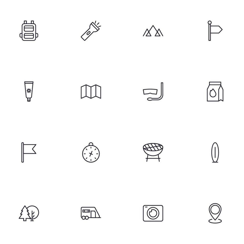 Travel icon set. Collection of outdoor activity sign for web design, UI design, mobile app, etc. Relax outline icon. Camping black pictogram on white background. vector