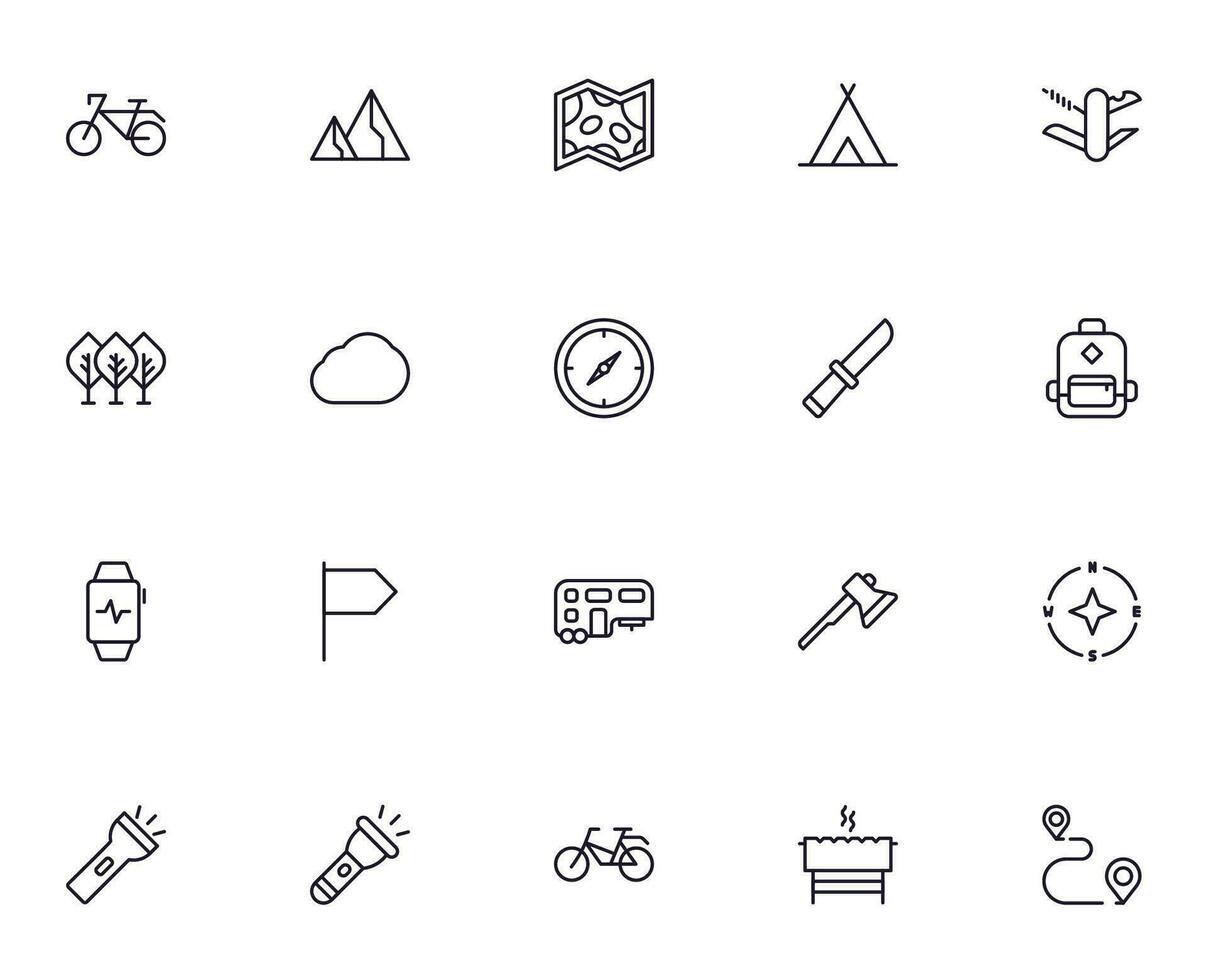 Travel icon set. Collection of outdoor activity sign for web design, UI design, mobile app, etc. Relax outline icon. Camping black pictogram on white background. vector