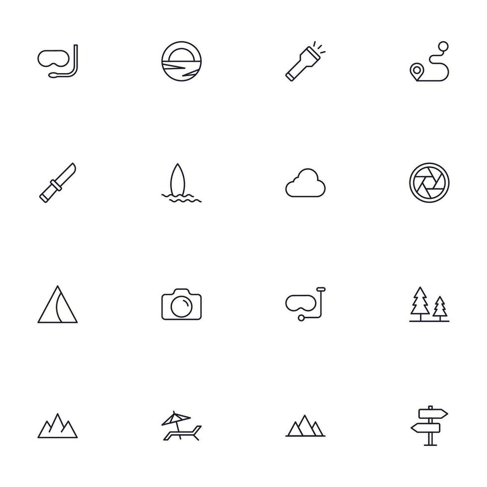 Travel icon set. Collection of outdoor activity sign for web design, UI design, mobile app, etc. Relax outline icon. Camping black pictogram on white background. vector
