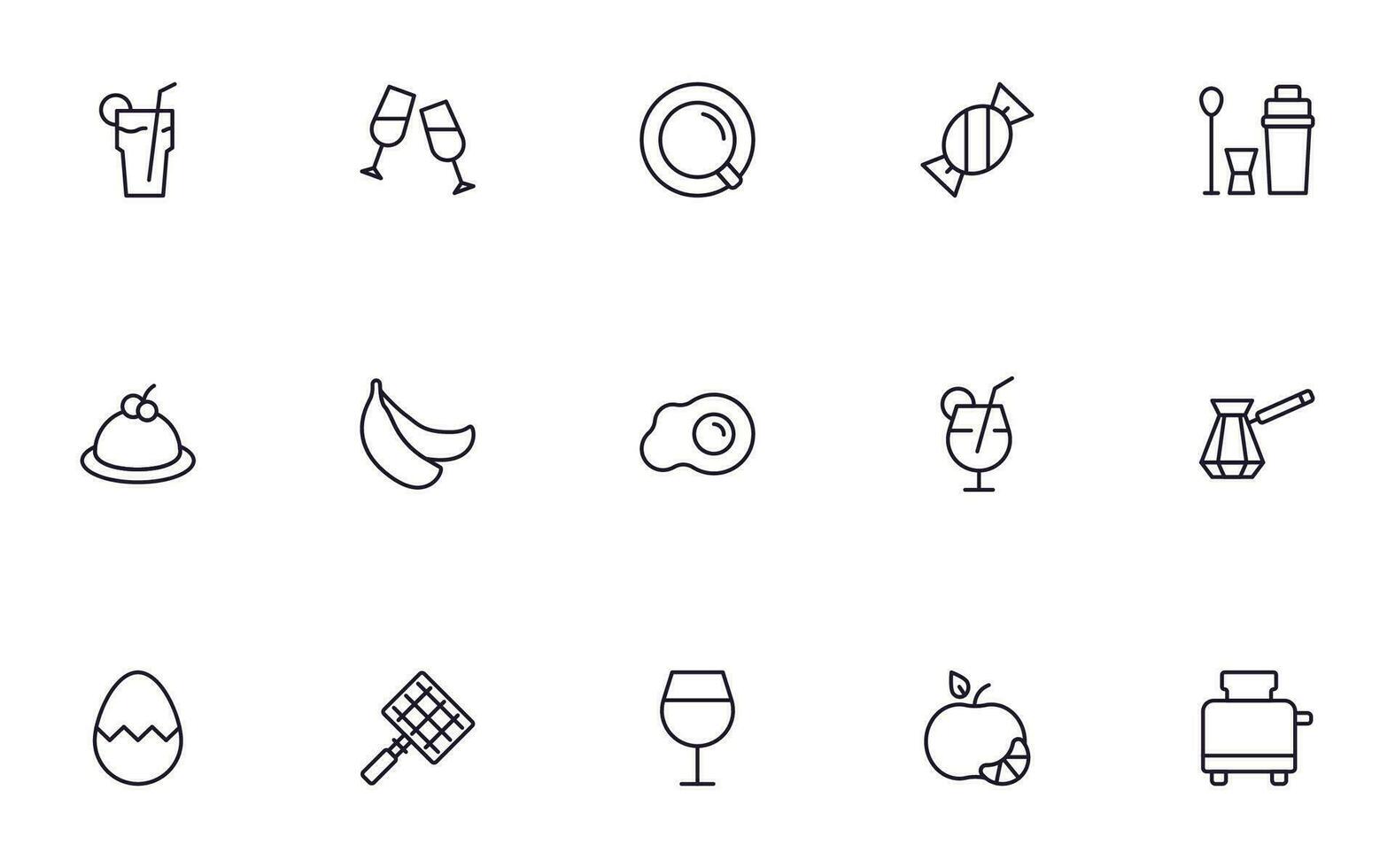 Food line icon set. Collection of outline sign for web design, mobile app, etc. Black line icon of fruit, vegetables, meat, candy, cake. vector