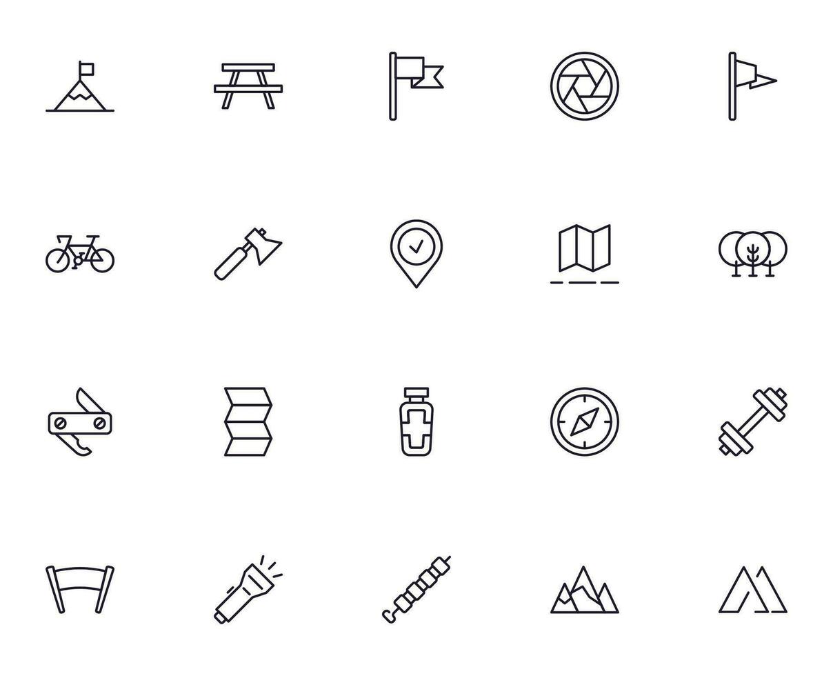 Travel icon set. Collection of outdoor activity sign for web design, UI design, mobile app, etc. Relax outline icon. Camping black pictogram on white background. vector
