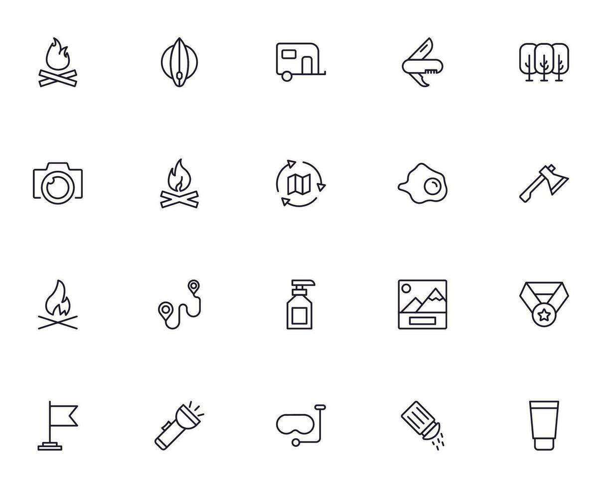 Travel icon set. Collection of outdoor activity sign for web design, UI design, mobile app, etc. Relax outline icon. Camping black pictogram on white background. vector