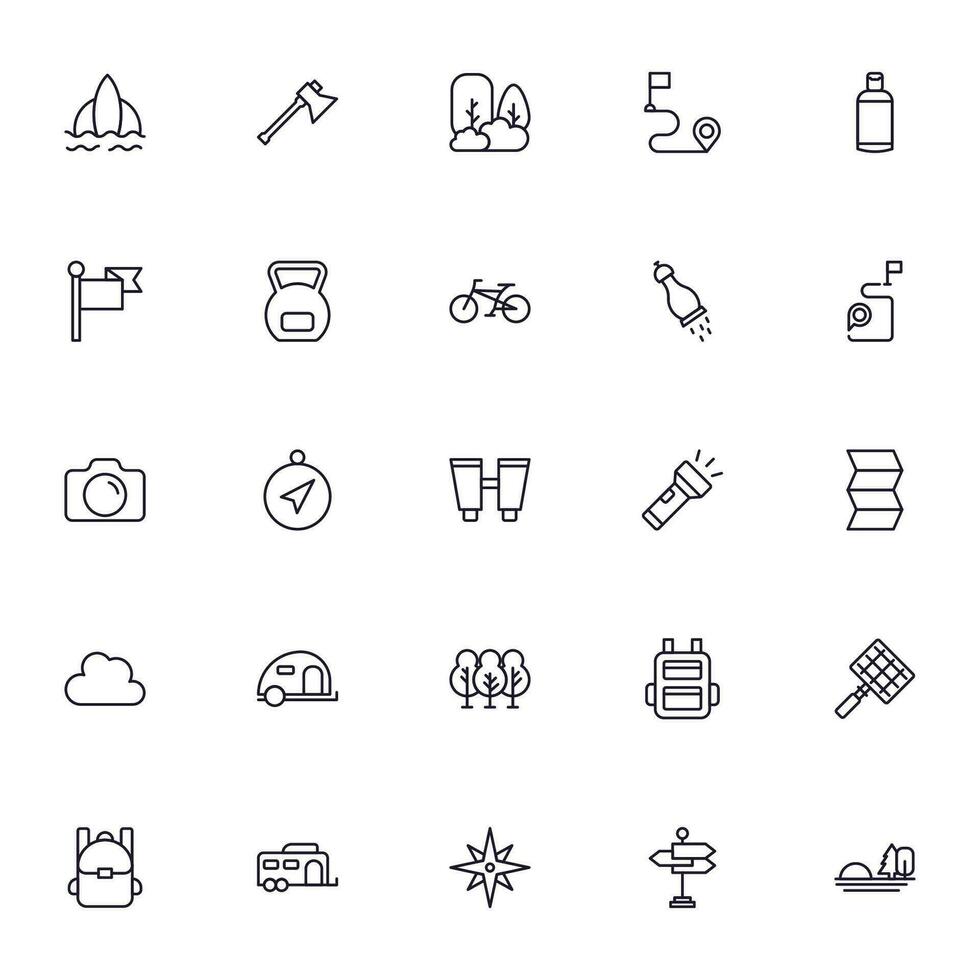 Travel icon set. Collection of outdoor activity sign for web design, UI design, mobile app, etc. Relax outline icon. Camping black pictogram on white background. vector