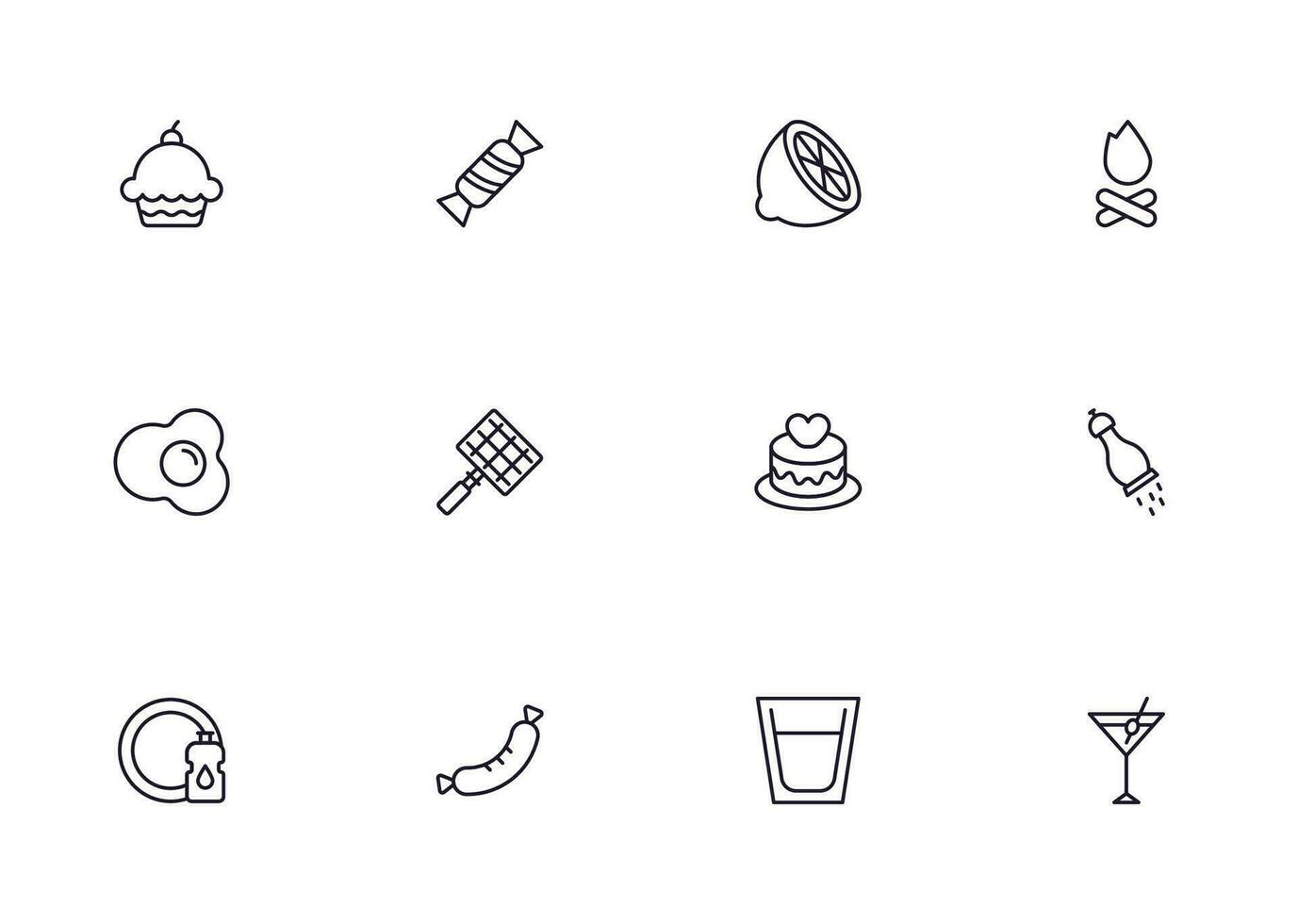 comida línea icono colocar. colección de contorno firmar para web diseño, móvil aplicación, etc. negro línea icono de fruta, verduras, carne, dulce, pastel. vector