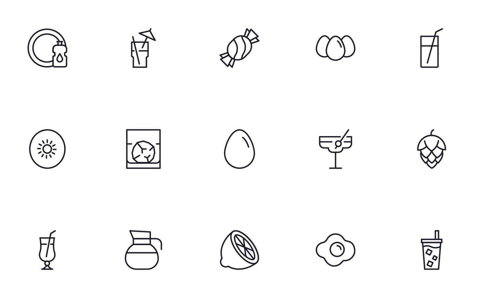 Food line icon set. Collection of outline sign for web design, mobile app, etc. Black line icon of fruit, vegetables, meat, candy, cake. vector