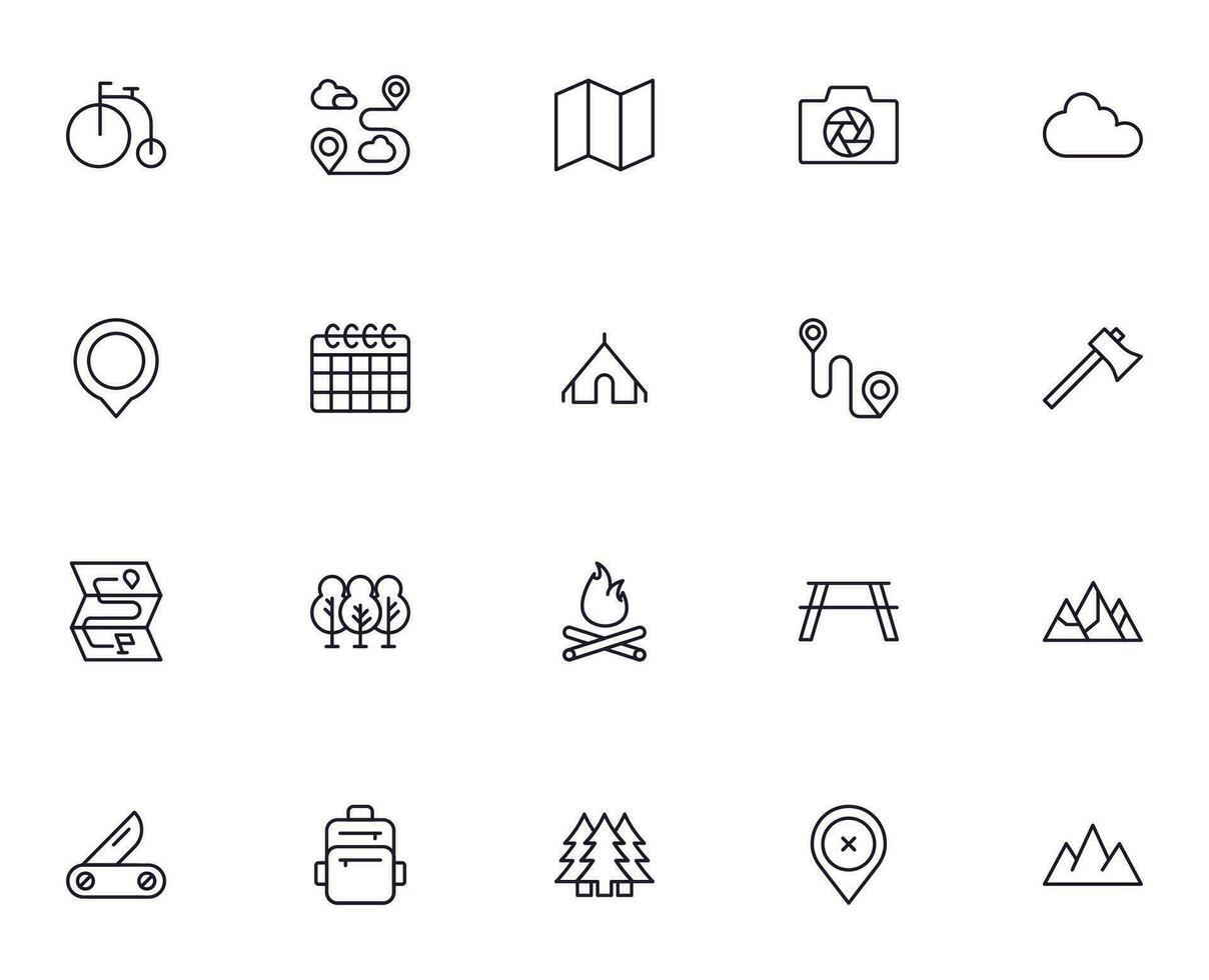 Travel icon set. Collection of outdoor activity sign for web design, UI design, mobile app, etc. Relax outline icon. Camping black pictogram on white background. vector