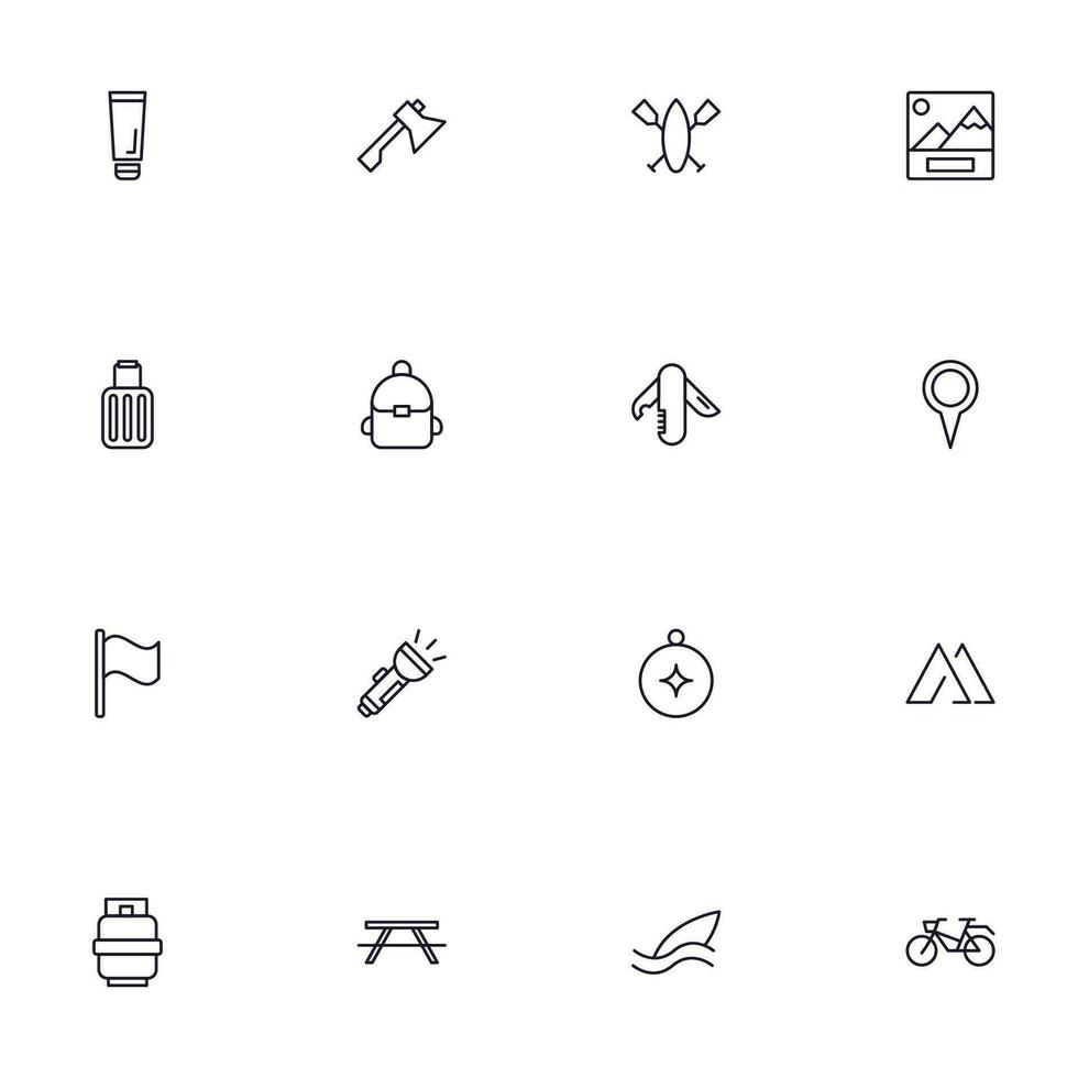Travel icon set. Collection of outdoor activity sign for web design, UI design, mobile app, etc. Relax outline icon. Camping black pictogram on white background. vector
