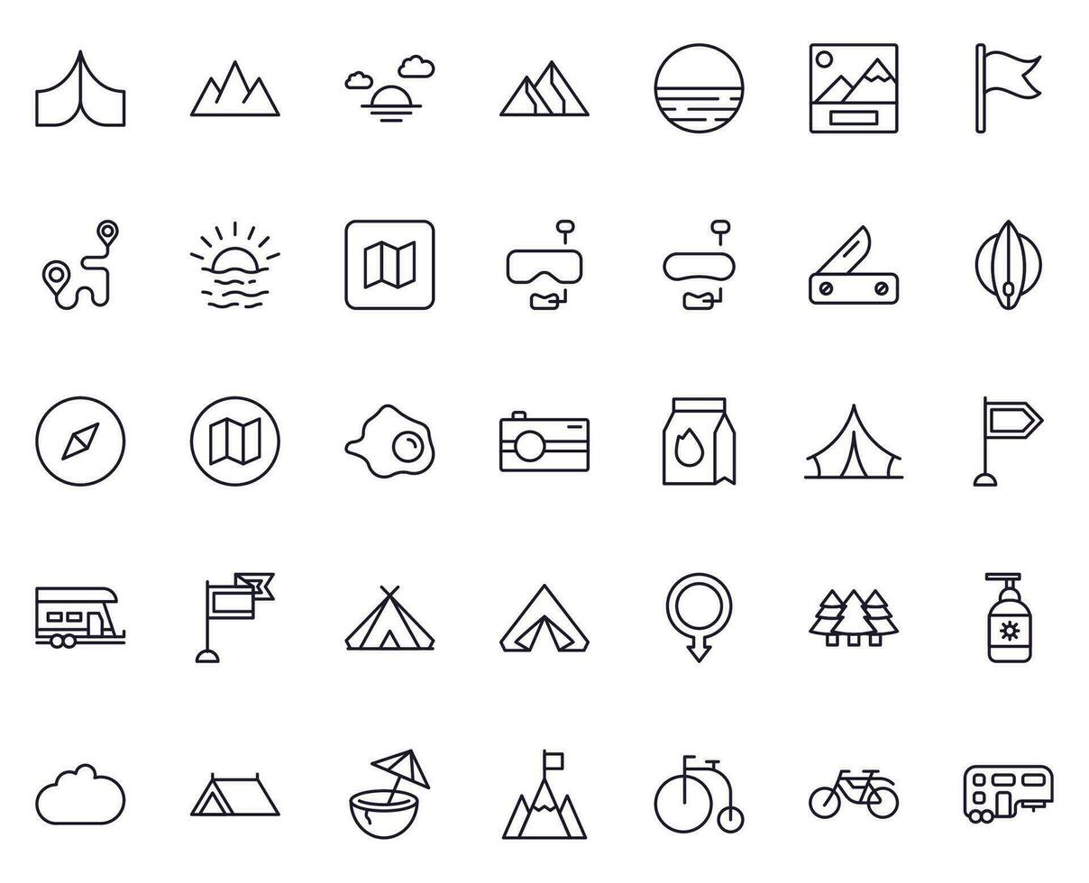 Travel icon set. Collection of outdoor activity sign for web design, UI design, mobile app, etc. Relax outline icon. Camping black pictogram on white background. vector