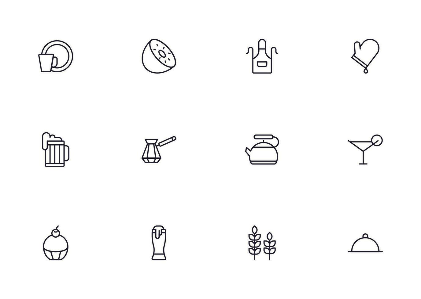 Food line icon set. Collection of outline sign for web design, mobile app, etc. Black line icon of fruit, vegetables, meat, candy, cake. vector