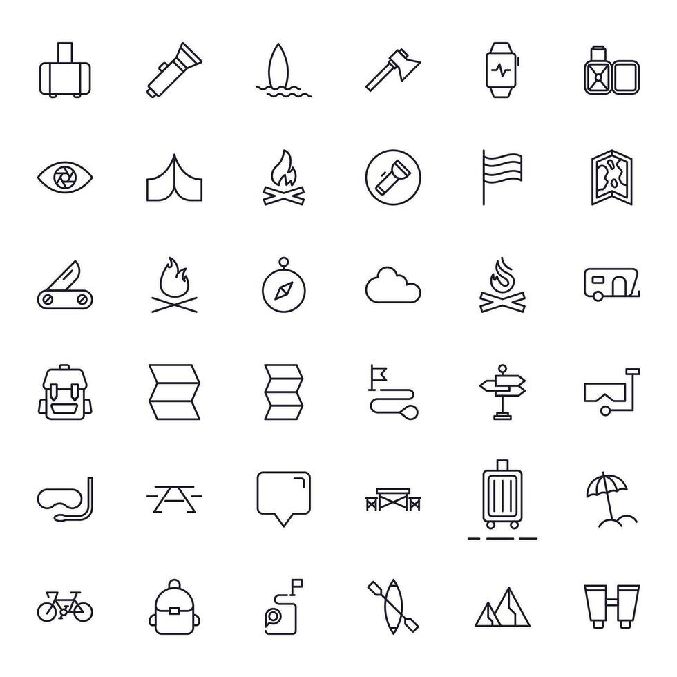 Travel icon set. Collection of outdoor activity sign for web design, UI design, mobile app, etc. Relax outline icon. Camping black pictogram on white background. vector