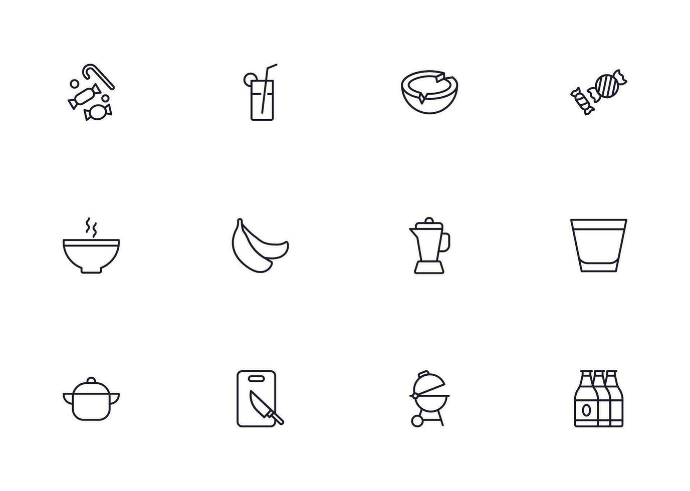 Food line icon set. Collection of outline sign for web design, mobile app, etc. Black line icon of fruit, vegetables, meat, candy, cake. vector