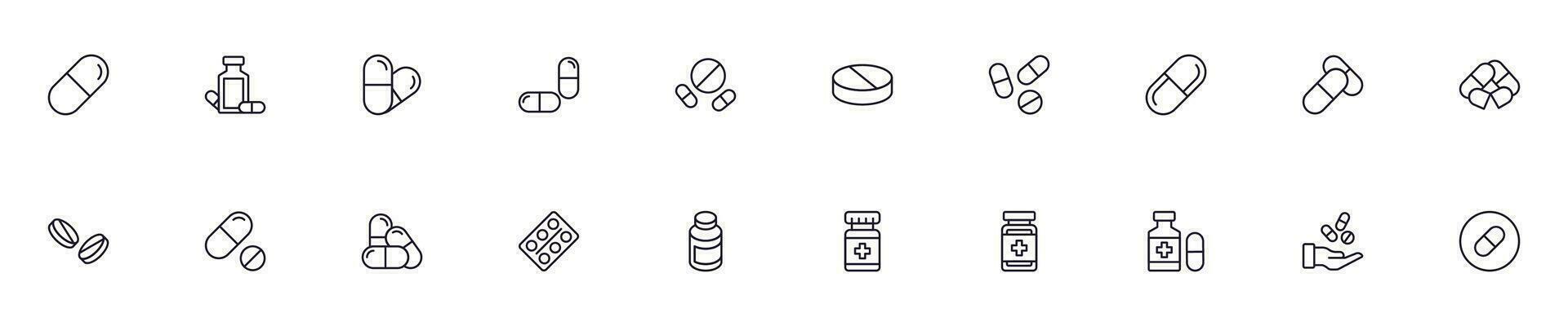 Collection of modern pills outline icons. Set of modern illustrations for mobile apps, web sites, flyers, banners etc isolated on white background. Premium quality signs. vector