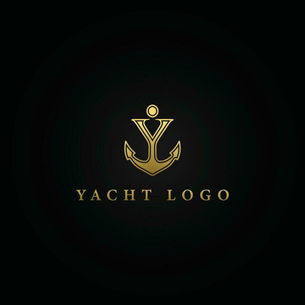 Abstract Letter Y monogram, Anchor logotype. The logo of the yacht club, maritime in gold color isolated on a black background. Letter anchor Y in gold color applied for the Yacht charter broker logo vector