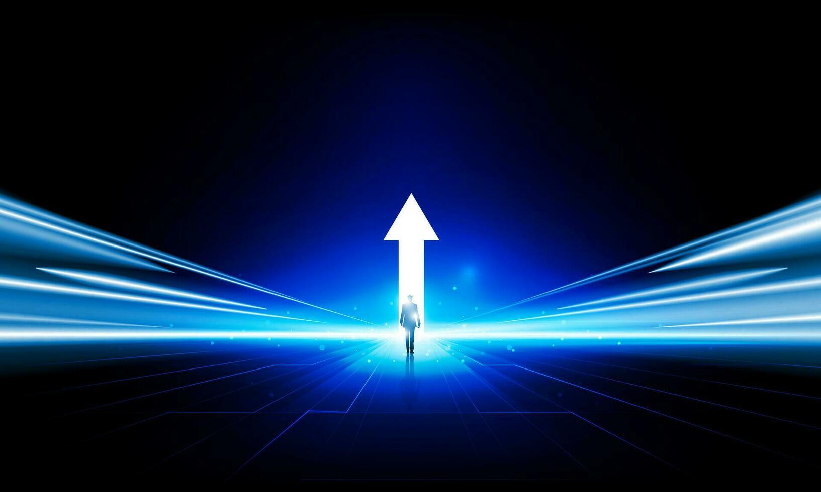 Abstract businessman arrow up of Key Door or interest open businessman Light technology background Hitech communication concept innovation background vector design.